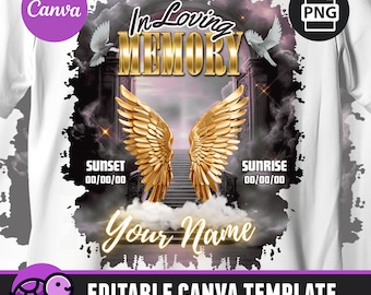 In Loving Memory Editable Canva Template, Memorial Shirt PNG, Heaven's Stairway, Black&Gold, Funeral and Celebration of Life, Gateway, RIP