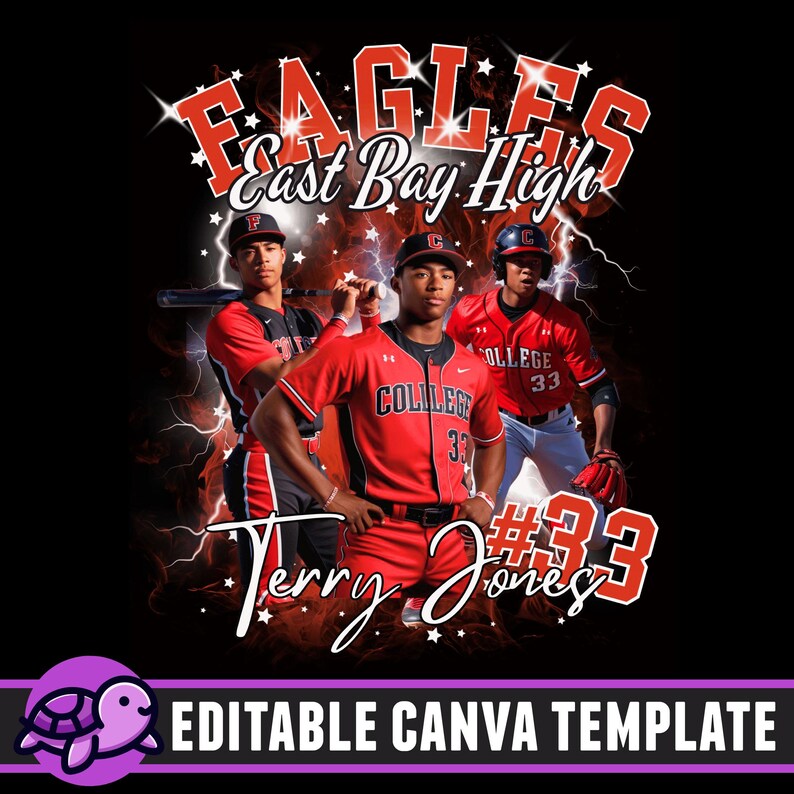 Puede incluir: Una camiseta de b&eacute;isbol roja y negra con el texto "EAGLES East Bay High" y "COLLEGE 33" en la parte delantera. La camiseta tiene un n&uacute;mero blanco "33" en la parte delantera y el nombre "Terry Jones" y el n&uacute;mero "#33" en la parte inferior. La camiseta la lleva un jugador de b&eacute;isbol en una foto con otros dos jugadores.