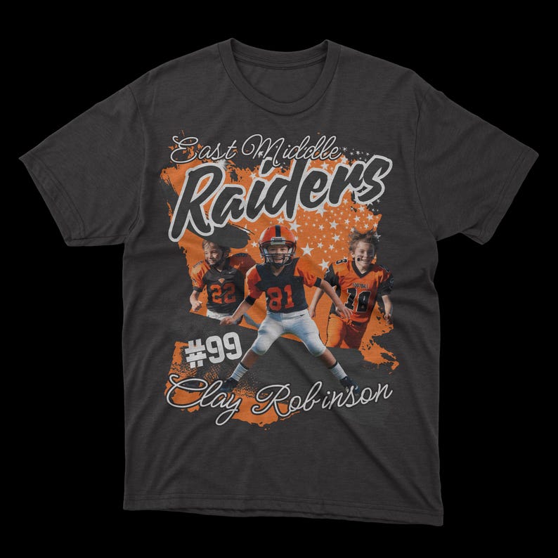 May include: A dark grey t-shirt with an orange and white design. The design features the text "East Middle Raiders" with a football player in the centre. The text "#99 Clay Robinson" is below the image.