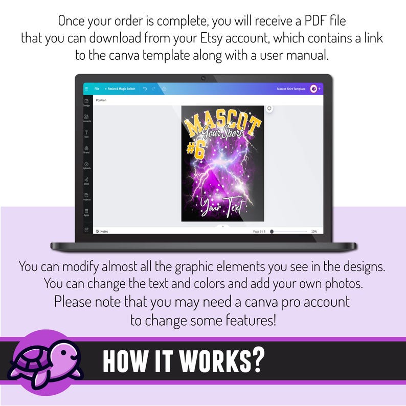 Puede incluir: Una pantalla de computadora port&aacute;til que muestra una plantilla de dise&ntilde;o gr&aacute;fico p&uacute;rpura y dorada con el texto "Mascot Your Sport #6 Your Text". La plantilla est&aacute; en Canva, una plataforma de dise&ntilde;o gr&aacute;fico.