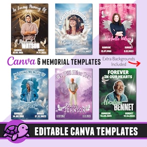 May include: Six Canva memorial templates with editable text and images. The templates feature a variety of backgrounds, including clouds, doves, and hearts. The text includes "In Loving Memory Of", "We Will Miss You", and "Forever In Our Hearts".