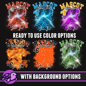 Puede incluir: Seis opciones de color diferentes para un dise&ntilde;o de mascota deportiva personalizable. El dise&ntilde;o presenta un rayo, estrellas y el texto "MASCOT" con las palabras "Your Sport" y "Your Text" en marcadores de posici&oacute;n. El dise&ntilde;o est&aacute; listo para ser personalizado con su propio texto y colores.
