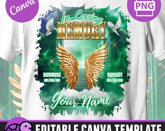 Green&Gold In Loving Memory Editable Canva Template, Memorial Shirt PNG, Heaven's Stairway,  Funeral and Celebration of Life, Gateway, RIP