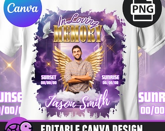 In Loving Memory Editable Canva Template, Memorial Shirt PNG, Heaven&#39;s Stairway, Gold&Purple, Funeral and Celebration of Life, Gateway, RIP