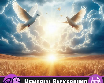 Heavenly Cloud Sky Backdrop PNG, Memorial Backgorund, Doves and Spike Field Background, In Loving Memory, Digital Download, High Resolution