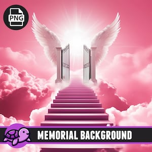 Pink Memorial Background PNG With Angel Wings, Heaven Gate Stairs Backdrop, In Loving Memory, Funeral, Heavenly Birthday, Sublimation, RIP