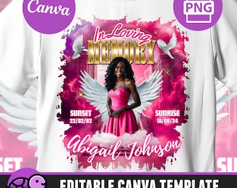 In Loving Memory bewerkbare canvassjabloon, roze-wit herdenkingsshirt png, hemelstrap, begrafenis en viering van het leven, gateway, RIP