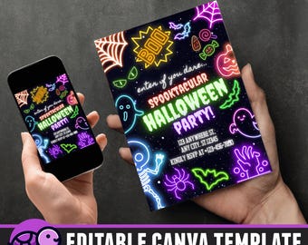 Neon Halloween party invitation Canva Template, spooktacular Halloween costume party invites, Kids spooky Halloween invites neon colors