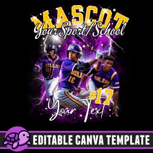 Puede incluir: Plantilla Canva editable con un dise&ntilde;o de tem&aacute;tica de b&eacute;isbol con tres jugadores con uniformes morados y dorados. El texto "MASCOT Your Sport/School #17 Your Text" se muestra en un fondo morado y negro con rayos y estrellas.