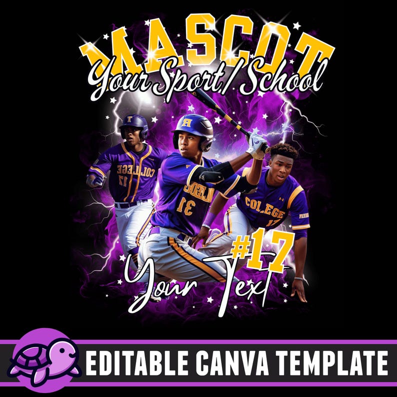 Puede incluir: Plantilla Canva editable con un dise&ntilde;o de tem&aacute;tica de b&eacute;isbol con tres jugadores con uniformes morados y dorados. El texto "MASCOT Your Sport/School #17 Your Text" se muestra en un fondo morado y negro con rayos y estrellas.