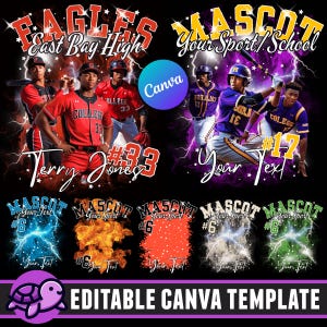Puede incluir: Plantilla Canva editable para un dise&ntilde;o de camiseta de b&eacute;isbol. La plantilla presenta a un jugador de b&eacute;isbol con una camiseta roja y blanca con el texto "Eagles East Bay High" y "Terry Jones #33". La plantilla tambi&eacute;n presenta a un jugador de b&eacute;isbol con una camiseta azul y amarilla con el texto "Mascot Your Sport/School" y "Your Text #17".