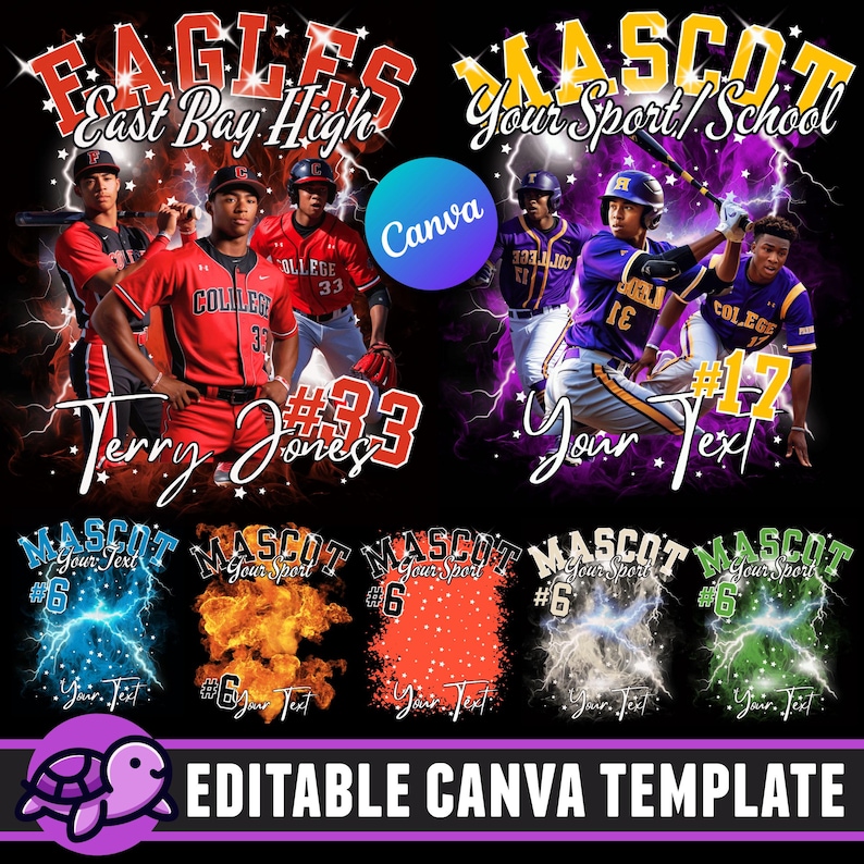 Puede incluir: Plantilla Canva editable para un dise&ntilde;o de camiseta de b&eacute;isbol. La plantilla presenta a un jugador de b&eacute;isbol con una camiseta roja y blanca con el texto "Eagles East Bay High" y "Terry Jones #33". La plantilla tambi&eacute;n presenta a un jugador de b&eacute;isbol con una camiseta azul y amarilla con el texto "Mascot Your Sport/School" y "Your Text #17".