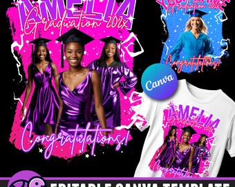 Modelo de camiseta de formatura, editável no Canva, design para festa de formatura, sublimação em PNG, design de camiseta de formatura 2025, DTF ou DTG
