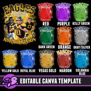 May include: Editable Canva template for a football team jersey design. The design features a black background with a yellow and black "Eagles Football" text, a lightning bolt design, and three young football players in uniform. The template includes 10 different colour options for the background, including red, purple, kelly green, dark green, orange, grey/silver, yellow gold, royal blue, Vegas gold, maroon, and Columbia blue.
