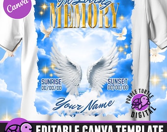 Blue&White In Loving Memory Editable Canva Template, Memorial Shirt PNG, Heaven's Stairway, Funeral and Celebration of Life, Gateway, RIP