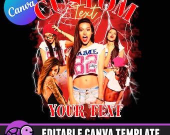 Modello di tela modificabile bootleg personalizzato, modello di progettazione di t-shirt rap fai da te, design di camicia anni '90, modello di tela di maglietta per concerto di compleanno con foto personalizzate
