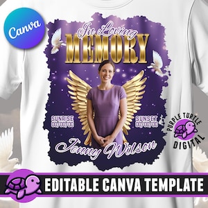 Purple In Loving Memory, T Shirt Editable Canva Template, Memorial Shirt Temps, 8 Heavenly Backgorunds, Funeral and Celebration of Life
