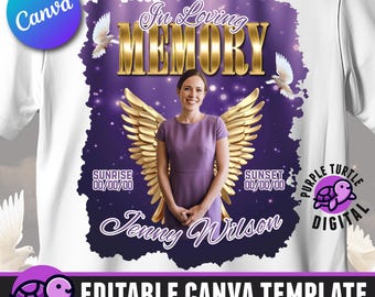 Plantilla de camiseta editable en Canva, diseño de camisetas conmemorativas, 8 fondos celestiales, funeral y celebración de la vida.
