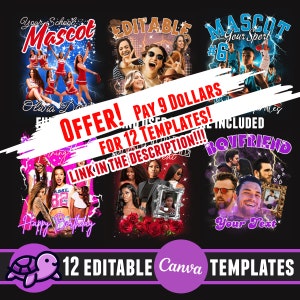 Puede incluir: Doce plantillas editables de Canva para camisetas. Las plantillas presentan diferentes dise&ntilde;os, incluyendo una mascota, un grupo de amigos y un novio. El texto "OFFER! PAY 9 DOLLARS FOR 12 TEMPLATES! LINK IN THE DESCRIPTION!!! INCLUDED" se muestra en una fuente grande y en negrita.