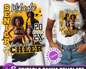 May include: White t-shirts with a cheerleading design. The design includes the name "Mikayla", the words "Senior", "Cheer", and "Burton High". The design also features a photo of three cheerleaders and the text "Class of 2X".
