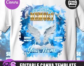 In Loving Memory Editable Canva Template, Memorial Shirt PNG, Heaven&#39;s Stairway, Blue&White, Funeral and Celebration of Life, Gateway, RIP