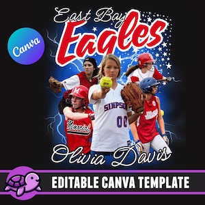 May include: Editable Canva template featuring a softball team with the text "East Bay Eagles" and "Olivia Davis". The team is wearing red and blue uniforms with the team name and player's name on the front.