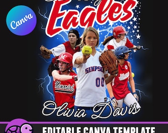 May include: Editable Canva template featuring a softball team with the text "East Bay Eagles" and "Olivia Davis". The team is wearing red and blue uniforms with the team name and player's name on the front.