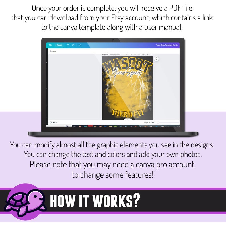 May include: A laptop screen showing a Canva design template for a t-shirt with the text "MASCOT Your Sport" and "YOUR TEXT". The design features a yellow and black lightning bolt graphic. The text "HOW IT WORKS?" is displayed below the laptop.