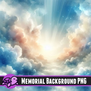 Puede incluir: Una imagen de fondo digital con una luz blanca brillante que brilla a través de nubes blancas y esponjosas. Las nubes son de un suave color azul y rosa, con algunas estrellas visibles en el fondo. La imagen es perfecta para usar como fondo conmemorativo.