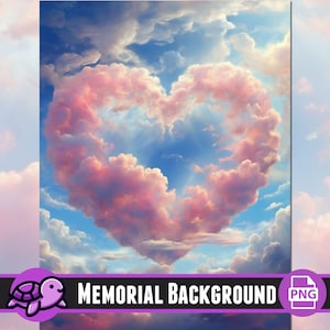 May include: A heart-shaped cloud formation in a blue sky with white and pink clouds. The heart is made of pink clouds with a white center.