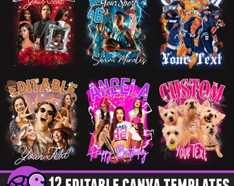12 bootleg shirt bewerkbare canva sjablonen bundel, aangepaste DIY rap tee ontwerp, jaren 90 shirt, gezicht foto verjaardag tee, vriendje shirt sjabloon