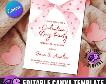 Galentines Girls Night Invitation Canva Template, Editable and Printable Valentine's Invitation, 6 Invitation Designs, Coquette Pink Bow