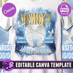 In Loving Memory Canva Template,Distressed Memorial Shirt Editable, Blue and Gold Memorial PNG, Heavenly Background PNG, DTF, Funeral