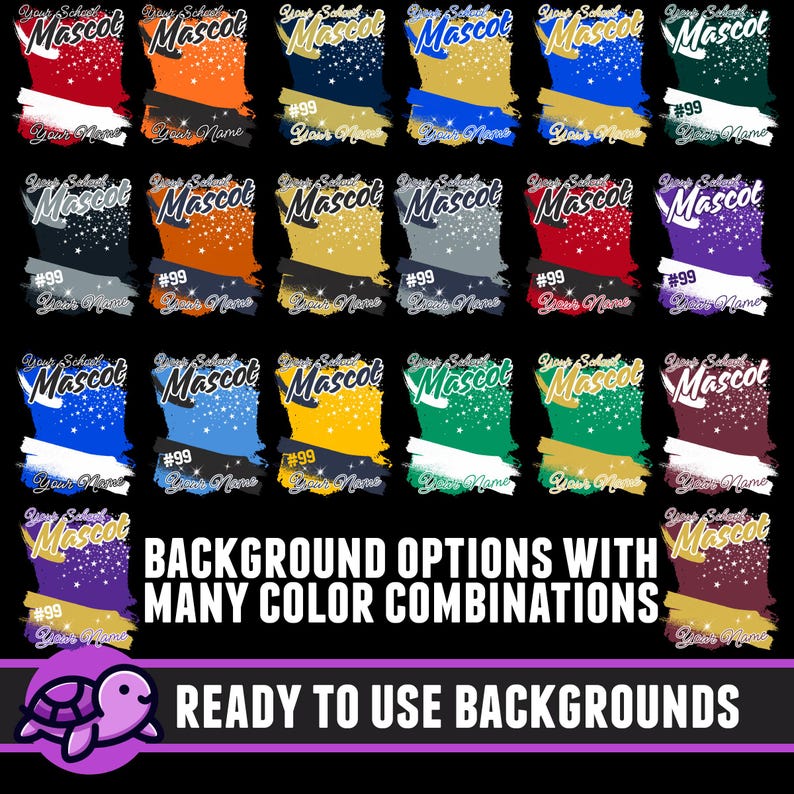 May include: A collection of 12 different background designs for a school mascot. Each design features a colourful, abstract brushstroke with stars and the text "Your School Mascot" and "#99". The text "Background Options with Many Colour Combinations" and "Ready to Use Backgrounds" are also included.