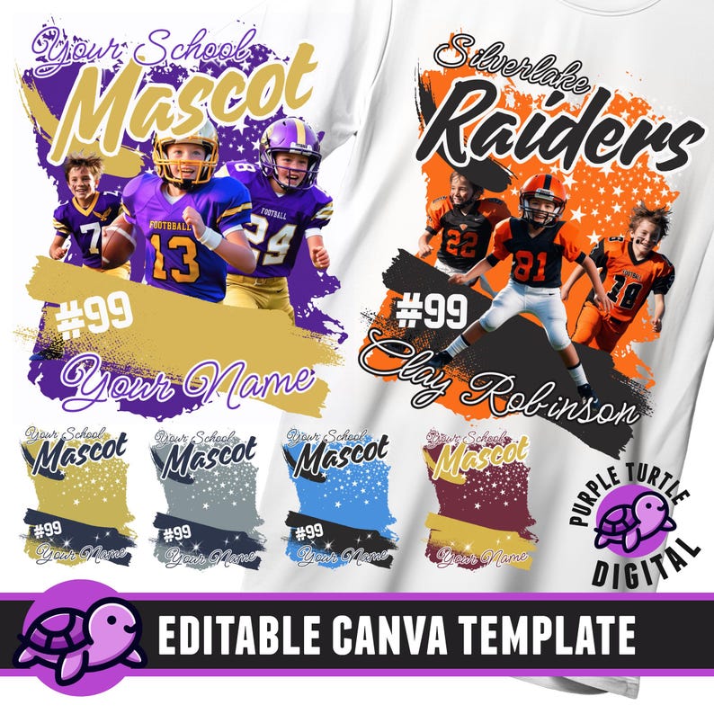 May include: Editable Canva template for a football jersey design. The design features a purple and gold colour scheme with stars and a football player in the background. The text "Your School Mascot" is in a large, bold font. The text "#99 Your Name" is in a smaller font below the mascot text. There are four smaller versions of the design below the main design, each with a different colour scheme.