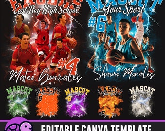 Modello modificabile per maglietta con mascotte di basket Bootleg, design personalizzato per Homecomig e scuola, maglietta con collage di foto, maglietta anni '90 in formato PNG