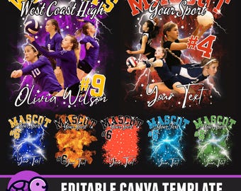 Plantilla editable de Canva para camiseta de mascota de voleibol, diseño personalizado para Homecomig y escuela, camiseta con collage de fotos, camiseta de los 90 PNG, DTF, sublimación