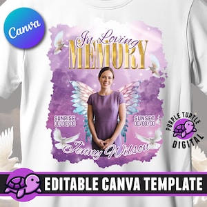 Soft Purple In Loving Memory, T Shirt Editable Canva Template, Memorial Shirt Temps, 8 Heavenly Backgorunds, Funeral and Celebration of Life