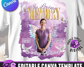 Morado suave en memoria amorosa, plantilla editable de Canva para camisetas, plantillas de camisetas conmemorativas, 8 fondos celestiales, funeral y celebración de la vida