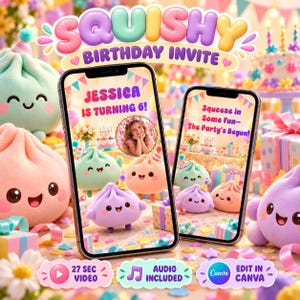 Puede incluir: Dos teléfonos inteligentes muestran una plantilla de invitación de cumpleaños digital con personajes de albóndigas sonrientes en colores pastel. Las pantallas muestran texto como Jessica is turning 6, Squeeze in Some Fun y The Party's Begun.