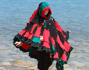 Poinsettia  frankensweater poncho capelet upcycled hoodie