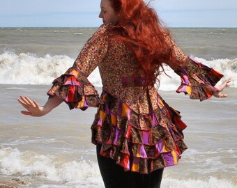 The Mendacant's Coat Orange & Purple Floral Shirt Butt Ruffle Frankensweater Wool Free Upcycled Fae