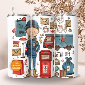 Postal Life Girl 20 oz Skinny Tumbler Wrap Sublimation Design, Collage de timbre mignon Mail Girl Carrier, téléchargement numérique PNG