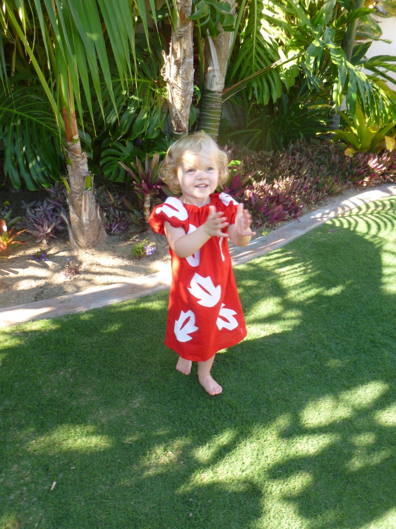 Lilo Girls Peasant Style Dress Red with White Leaves see sizes available for next day shipping below image 2