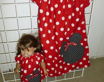 Peasant Style Dress set Red White Poka Dots with Minnie Mouse for Child and American Girl doll or other 18 inch dolls