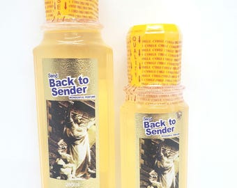 May include: Two yellow glass bottles of "Send Back to Sender" perfume. The bottles are labelled with a gold background and a black and white image of a woman in a long robe. The bottles are 200 ml.