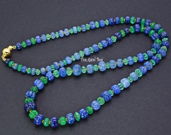 263CT Fine Colombian Emerald No Heat Burmese Blue Sapphire Carved Melon Fluted Bead Necklace 18K Solid Gold