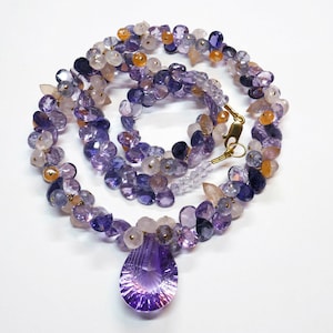 Iolite Amethyst Sunstone Moonstone 17"Cluster Necklace With 18K Solid Gold Clasp