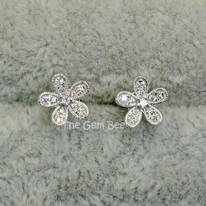 14k Solid White Gold Diamond Flower Ear Studs Posts PAIR