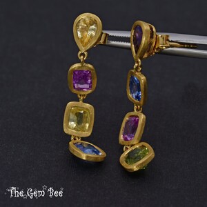 8CT 18k Solid Yellow Gold Natural Multi Color Sapphire Dangle Linear Earrings PAIR image 7